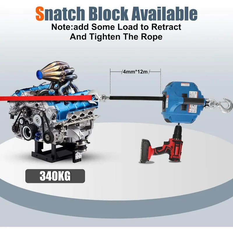 Portable Drill Winch of 1000 LB, Red Handheld Winch with 40 Foot Synthetic Rope, Rotate The Hook 360 Degrees, for Lifting