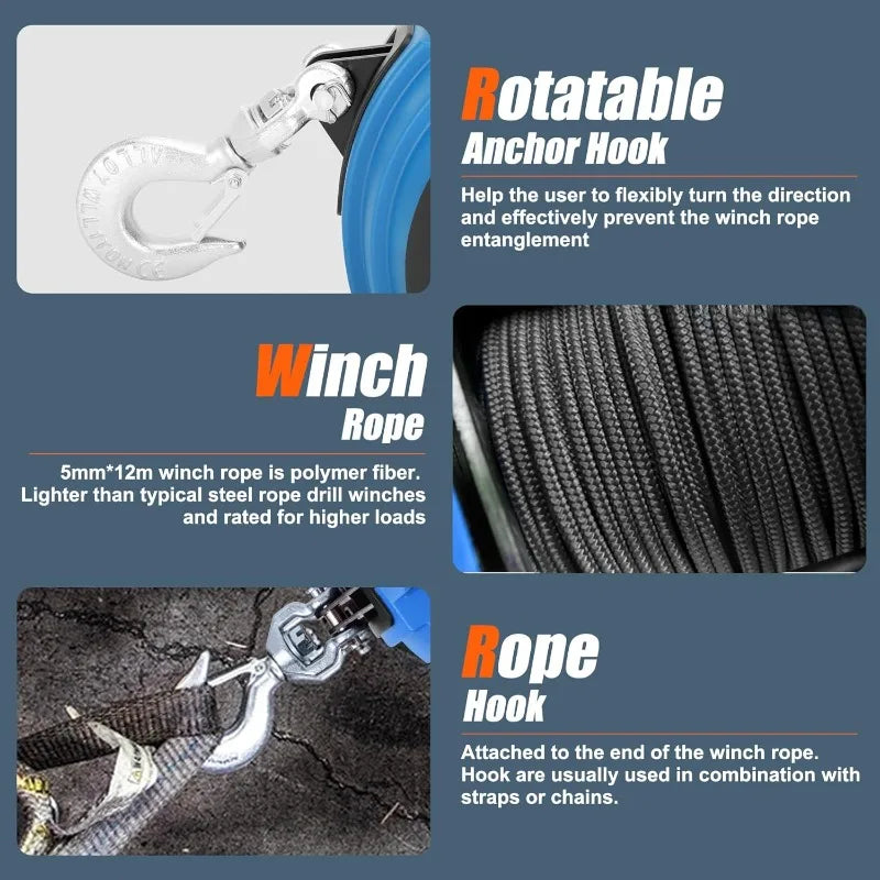Portable Drill Winch of 1000 LB, Red Handheld Winch with 40 Foot Synthetic Rope, Rotate The Hook 360 Degrees, for Lifting