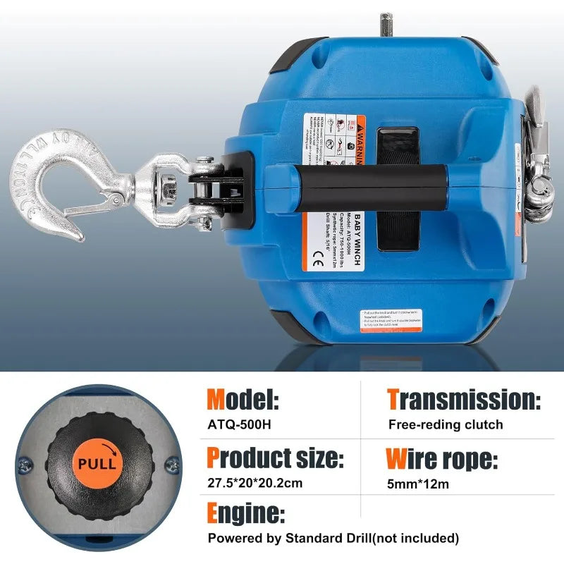 Portable Drill Winch of 1000 LB, Red Handheld Winch with 40 Foot Synthetic Rope, Rotate The Hook 360 Degrees, for Lifting