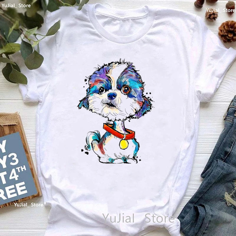 Pug Meditation Animal Print Tshirt Women Shih Tzu Puppy/Curious Boston T Shirt Girls Harajuku Kawaii Clothes Summer Tops Tee